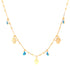 The Hamsa Hands and Blue Evil Eye Charms Pendant Necklace is a delicate piece crafted from 14k gold-filled material, featuring small Hamsa hand charms and blue evil eye pendants evenly distributed along the chain.